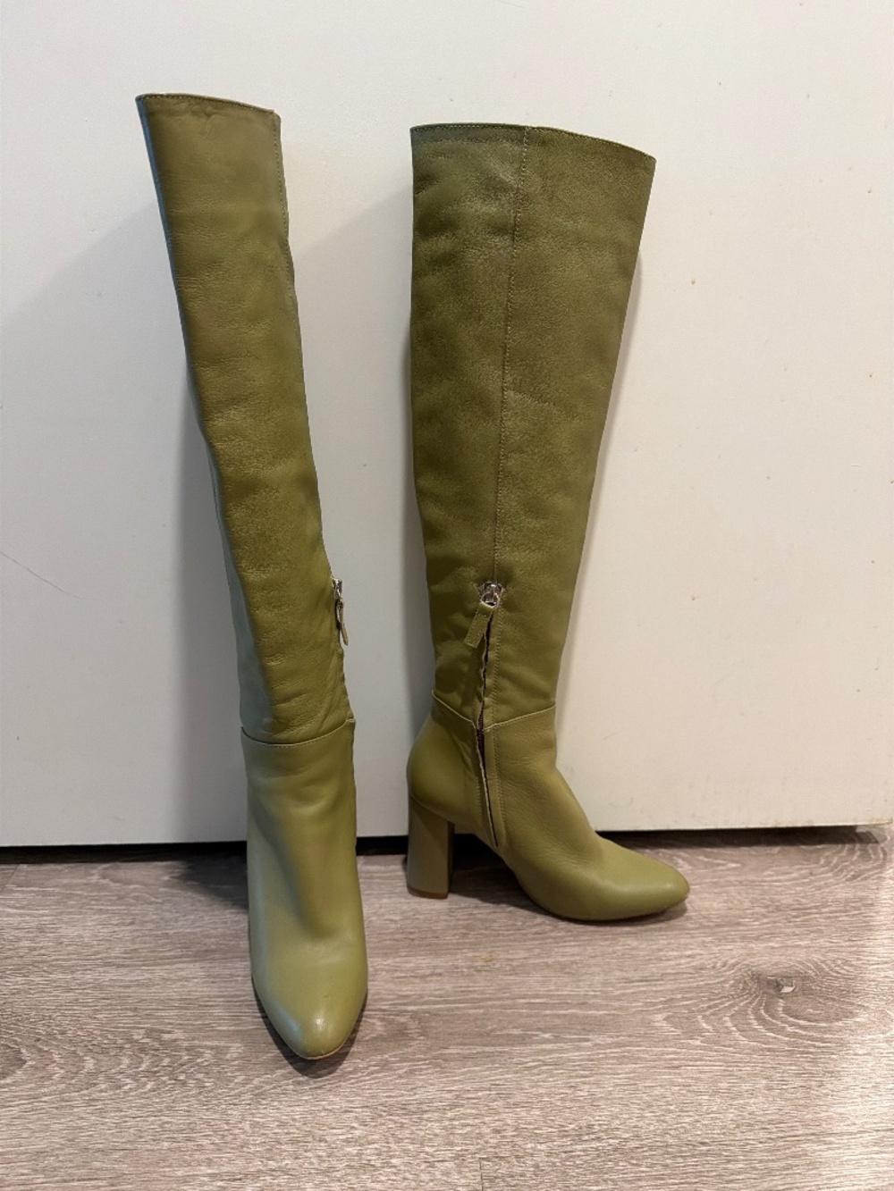 Zara Olive Green Leather Knee High Heeled Boots EU 36 US 6 Gently Used
